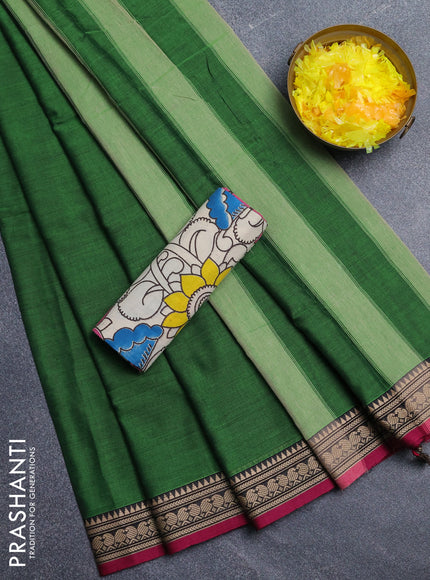 Narayanpet cotton saree green and beige with plain body and thread woven border