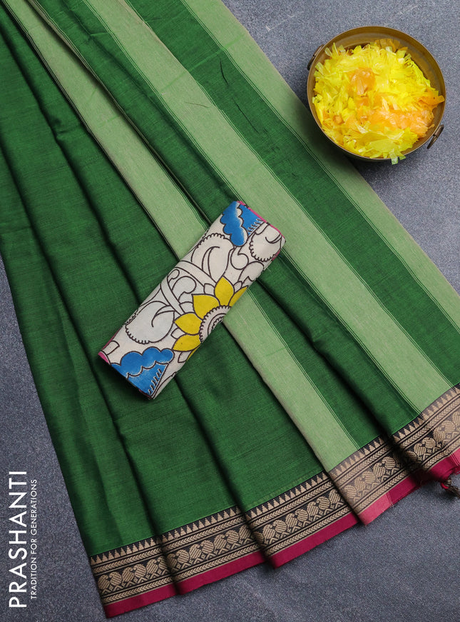 Narayanpet cotton saree green and beige with plain body and thread woven border
