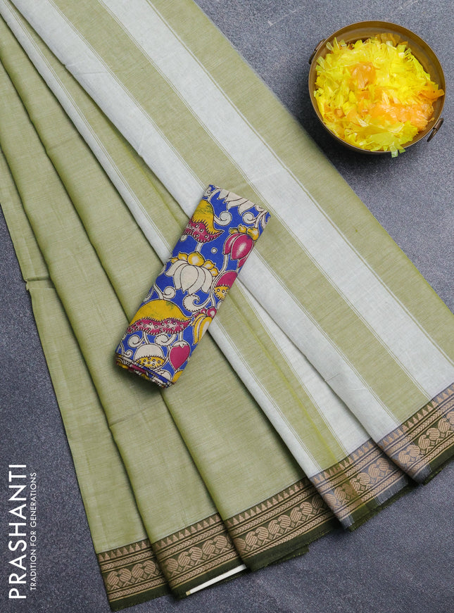 Narayanpet cotton saree pista green and cs blue with plain body and thread woven border