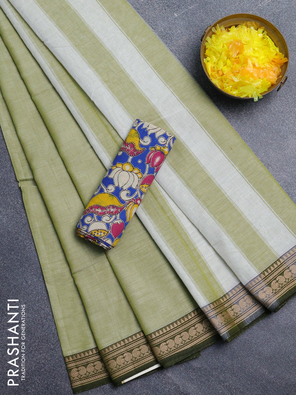 Narayanpet cotton saree pista green and cs blue with plain body and thread woven border