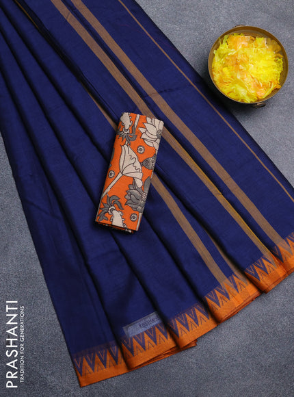 Narayanpet cotton saree navy blue and orange with plain body and thread woven border
