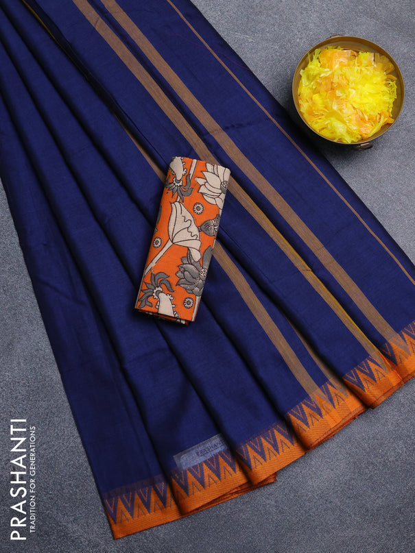 Narayanpet cotton saree navy blue and orange with plain body and thread woven border