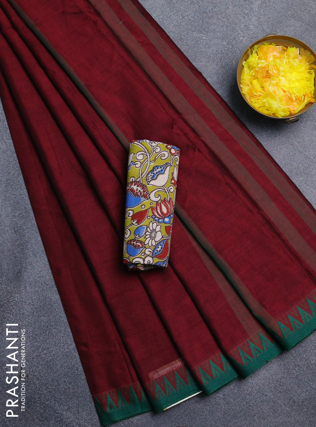 Narayanpet cotton saree wine shade and light green with plain body and thread woven border