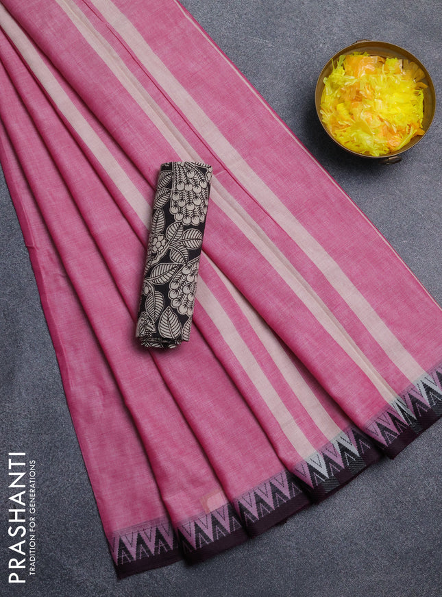 Narayanpet cotton saree pink and black with plain body and thread woven border
