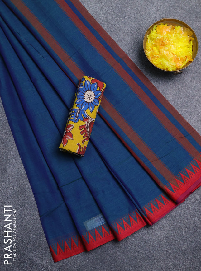 Narayanpet cotton saree peacock blue and yellow with plain body and thread woven border