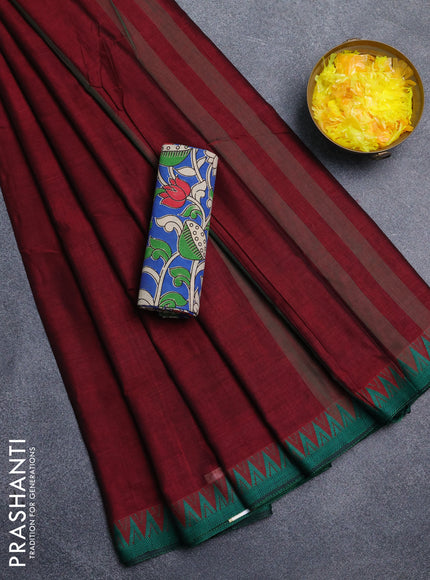 Narayanpet cotton saree deep maroon and cs blue with plain body and thread woven border