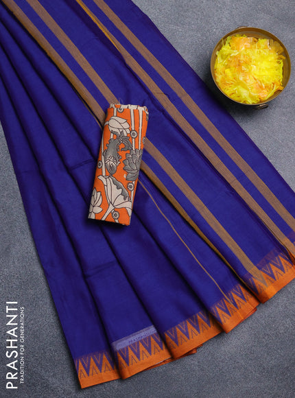 Narayanpet cotton saree blue and orange with plain body and thread woven border