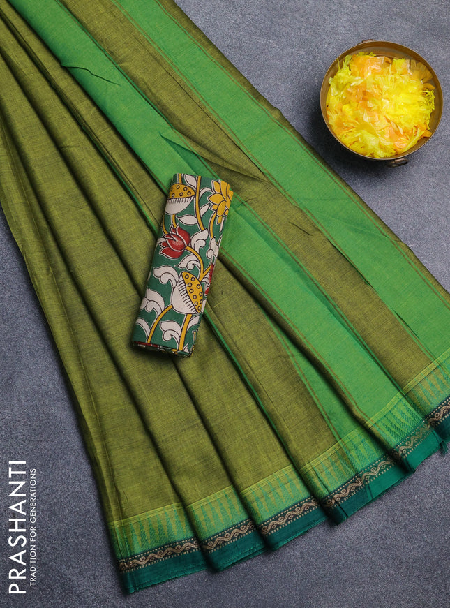 Narayanpet cotton saree light green and green with plain body and thread woven border