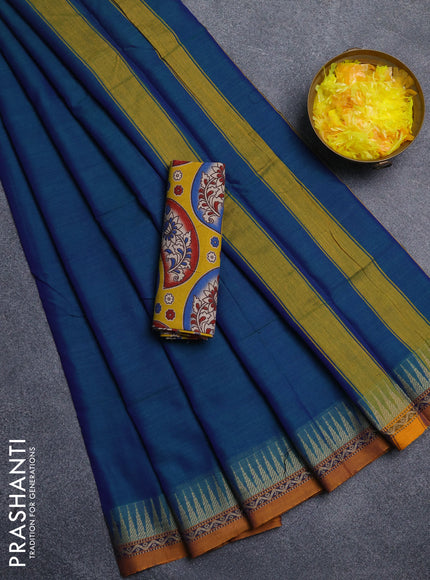 Narayanpet cotton saree dual shade of bluish green and yellow with plain body and thread woven border