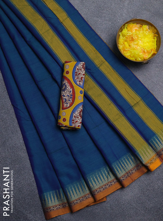 Narayanpet cotton saree dual shade of bluish green and yellow with plain body and thread woven border
