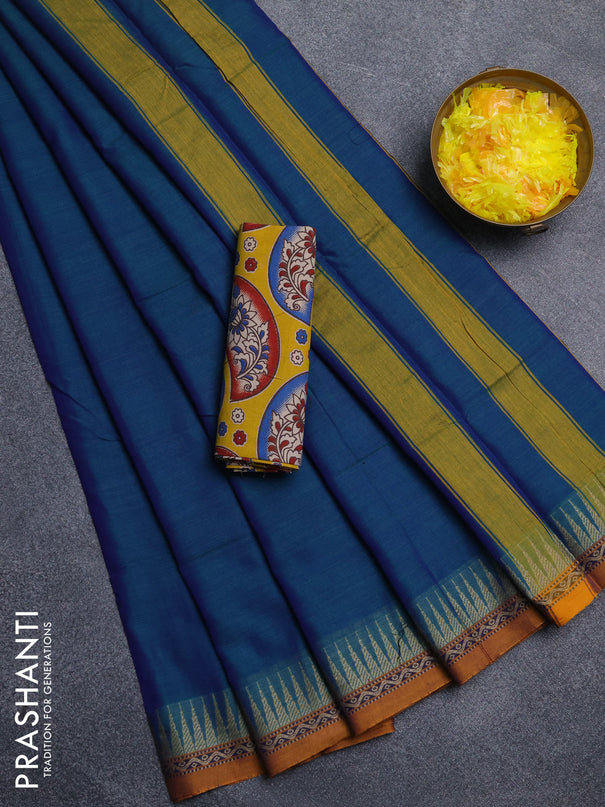 Narayanpet cotton saree dual shade of bluish green and yellow with plain body and thread woven border