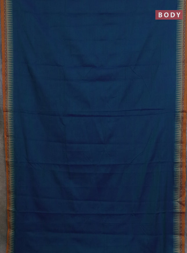 Narayanpet cotton saree dual shade of bluish green and yellow with plain body and thread woven border