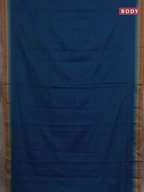 Narayanpet cotton saree dual shade of bluish green and yellow with plain body and thread woven border