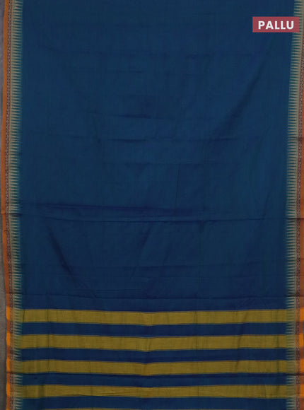 Narayanpet cotton saree dual shade of bluish green and yellow with plain body and thread woven border