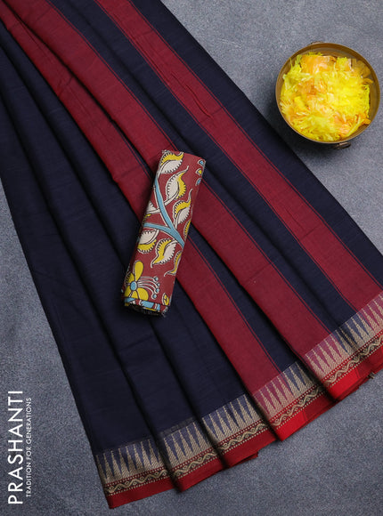 Narayanpet cotton saree navy blue and maroon with plain body and thread woven border