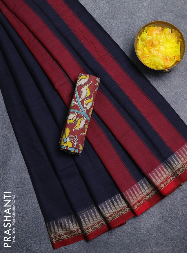 Narayanpet cotton saree navy blue and maroon with plain body and thread woven border