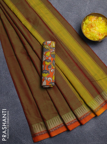 Narayanpet cotton saree manthulir green and orange with plain body and thread woven border
