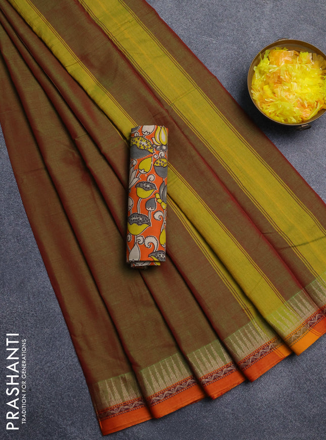 Narayanpet cotton saree manthulir green and orange with plain body and thread woven border