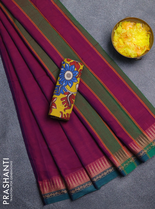 Narayanpet cotton saree purple and yellow with plain body and thread woven border