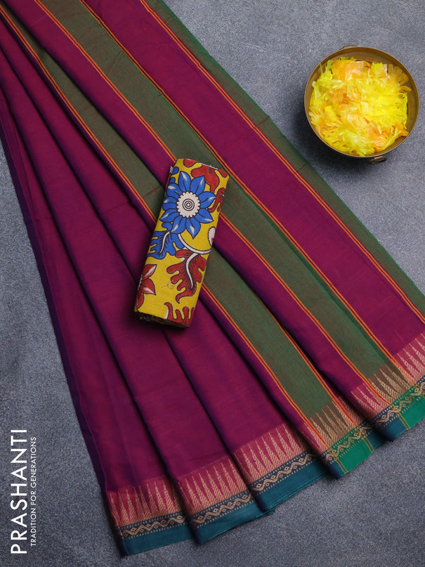 Narayanpet cotton saree purple and yellow with plain body and thread woven border