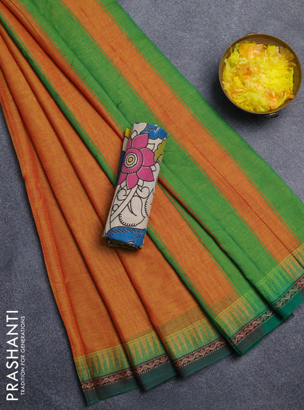 Narayanpet cotton saree sunset orange and beige with plain body and thread woven border
