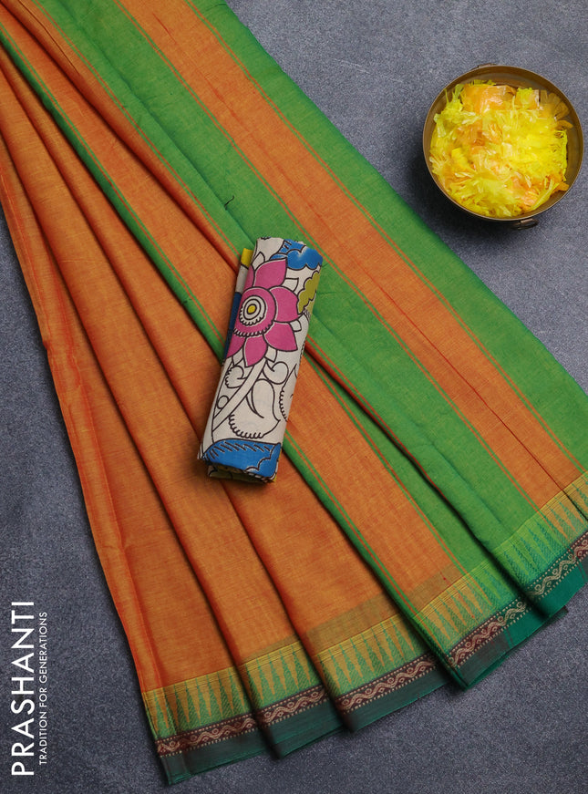 Narayanpet cotton saree sunset orange and beige with plain body and thread woven border