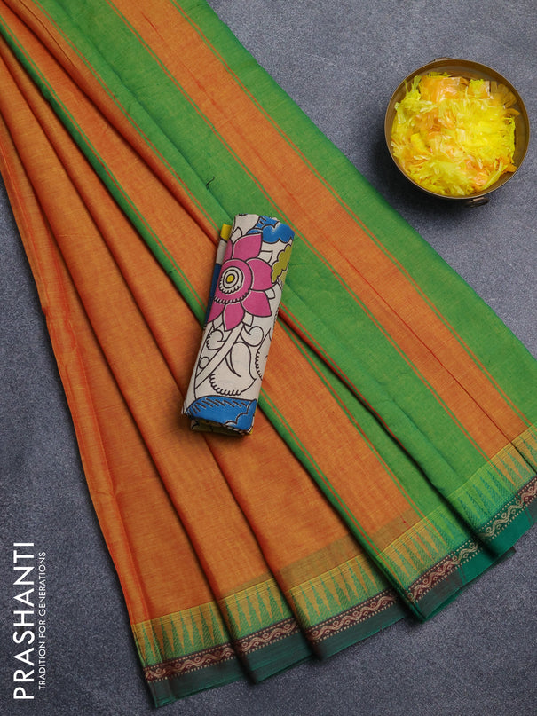 Narayanpet cotton saree sunset orange and beige with plain body and thread woven border