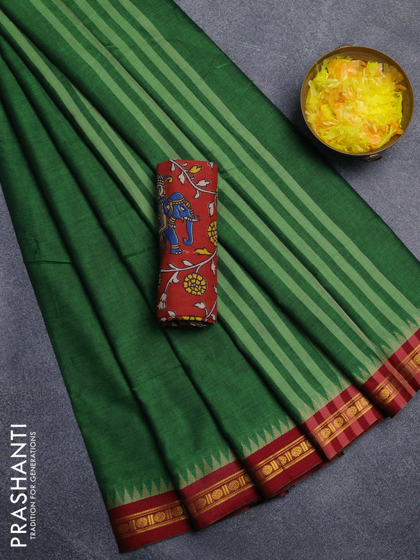 Narayanpet cotton saree green and maroon with plain body and thread woven border