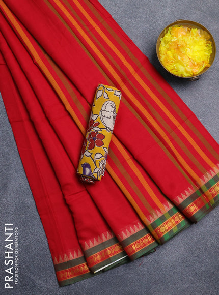 Narayanpet cotton saree red and yellow with plain body and thread woven border