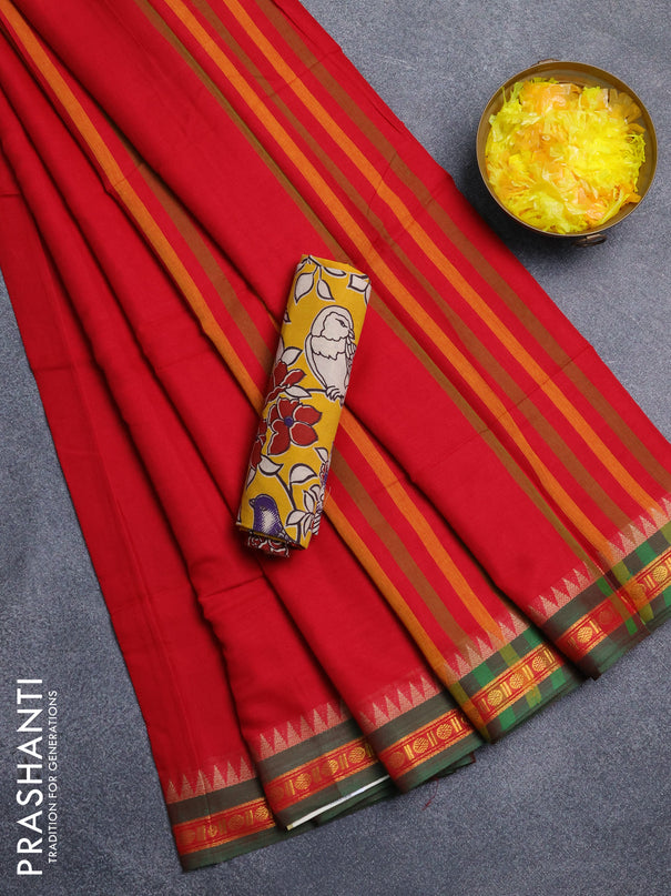 Narayanpet cotton saree red and yellow with plain body and thread woven border