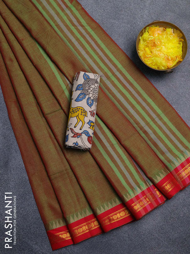 Narayanpet cotton saree manthulir green and beige with plain body and thread woven border