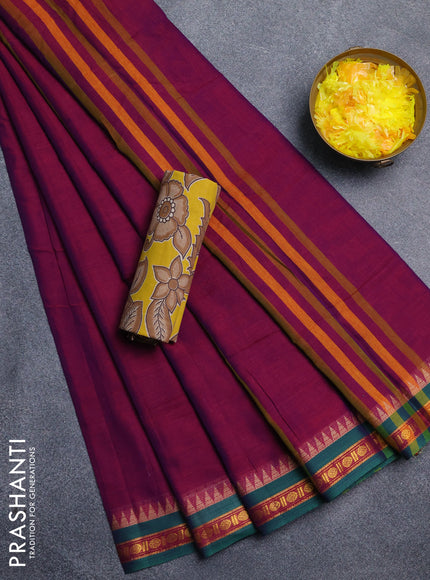 Narayanpet cotton saree purple and yellow with plain body and thread woven border