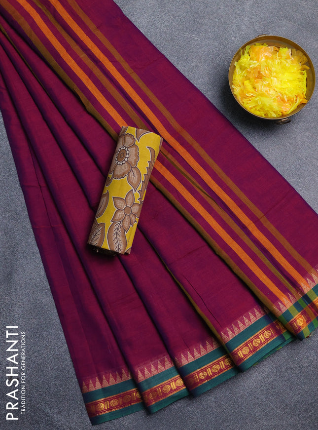 Narayanpet cotton saree purple and yellow with plain body and thread woven border