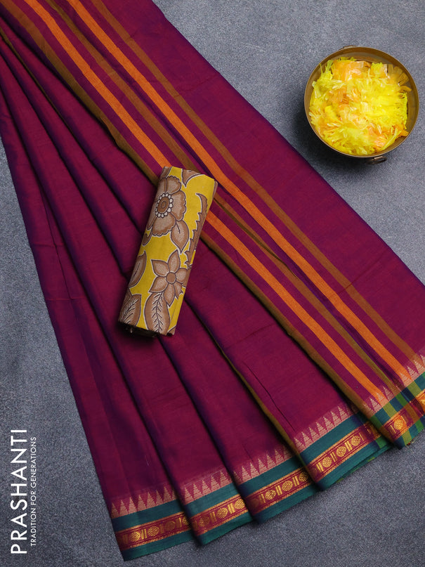 Narayanpet cotton saree purple and yellow with plain body and thread woven border
