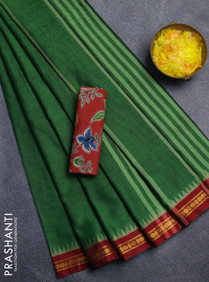 Narayanpet cotton saree green and maroon with plain body and thread woven border