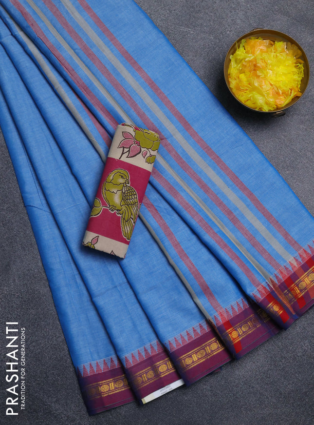 Narayanpet cotton saree light blue and pink with plain body and thread woven border