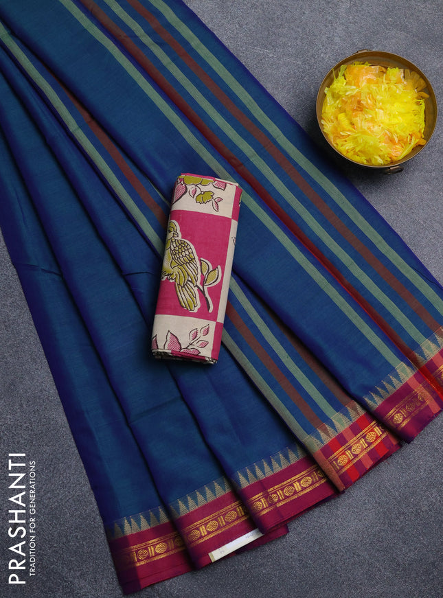 Narayanpet cotton saree dual shade of bluish green and pink with plain body and thread woven border