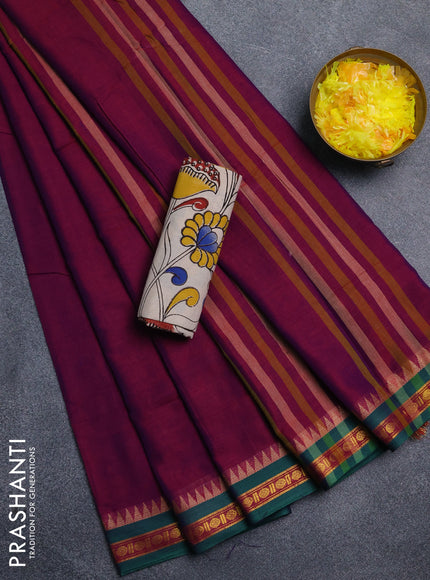 Narayanpet cotton saree purple and beige with plain body and thread woven border