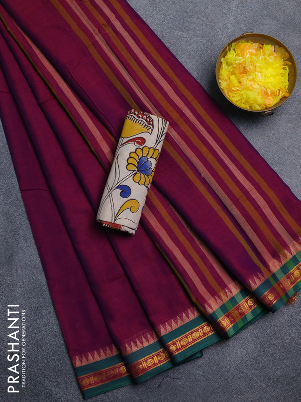 Narayanpet cotton saree purple and beige with plain body and thread woven border