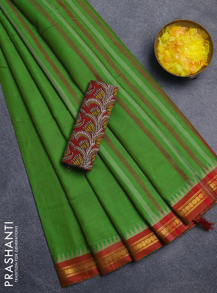 Narayanpet cotton saree light green and maroon with plain body and thread woven border