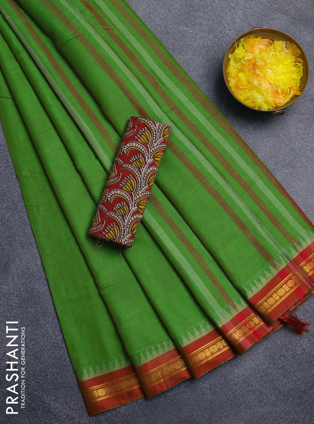 Narayanpet cotton saree light green and maroon with plain body and thread woven border