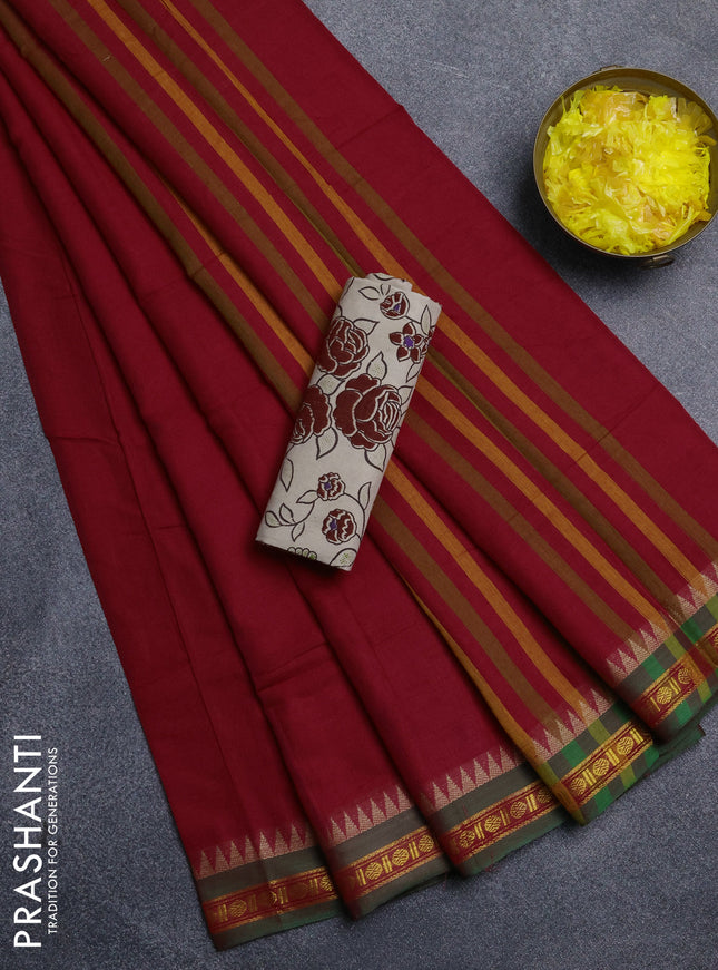 Narayanpet cotton saree red and beige with plain body and thread woven border