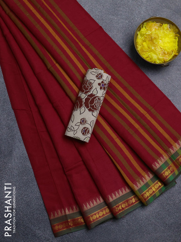 Narayanpet cotton saree red and beige with plain body and thread woven border