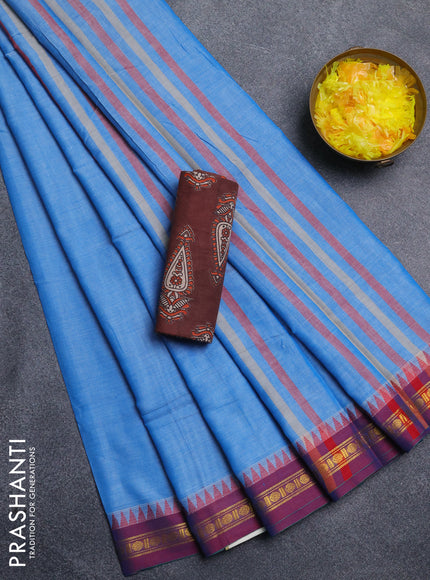 Narayanpet cotton saree light blue and coffee brown with plain body and thread woven border