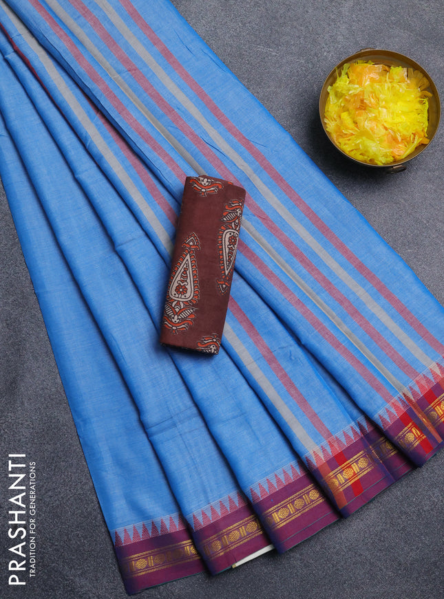 Narayanpet cotton saree light blue and coffee brown with plain body and thread woven border