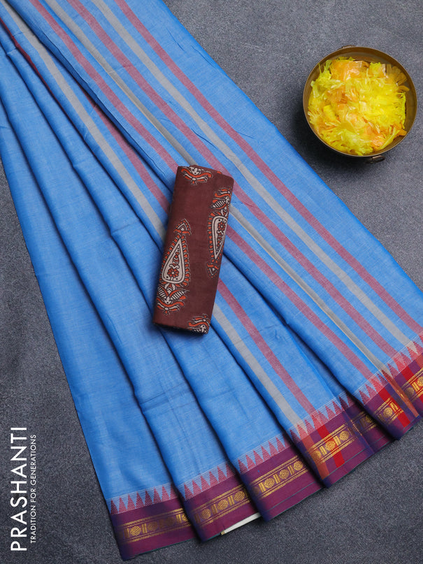 Narayanpet cotton saree light blue and coffee brown with plain body and thread woven border