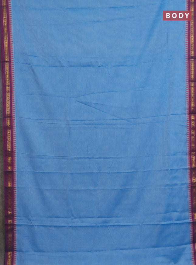 Narayanpet cotton saree light blue and coffee brown with plain body and thread woven border