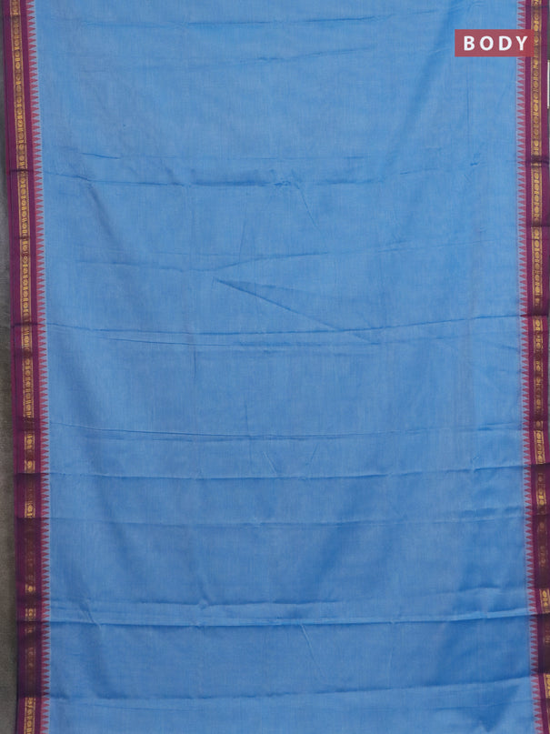 Narayanpet cotton saree light blue and coffee brown with plain body and thread woven border