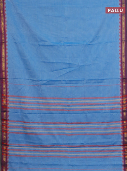 Narayanpet cotton saree light blue and coffee brown with plain body and thread woven border