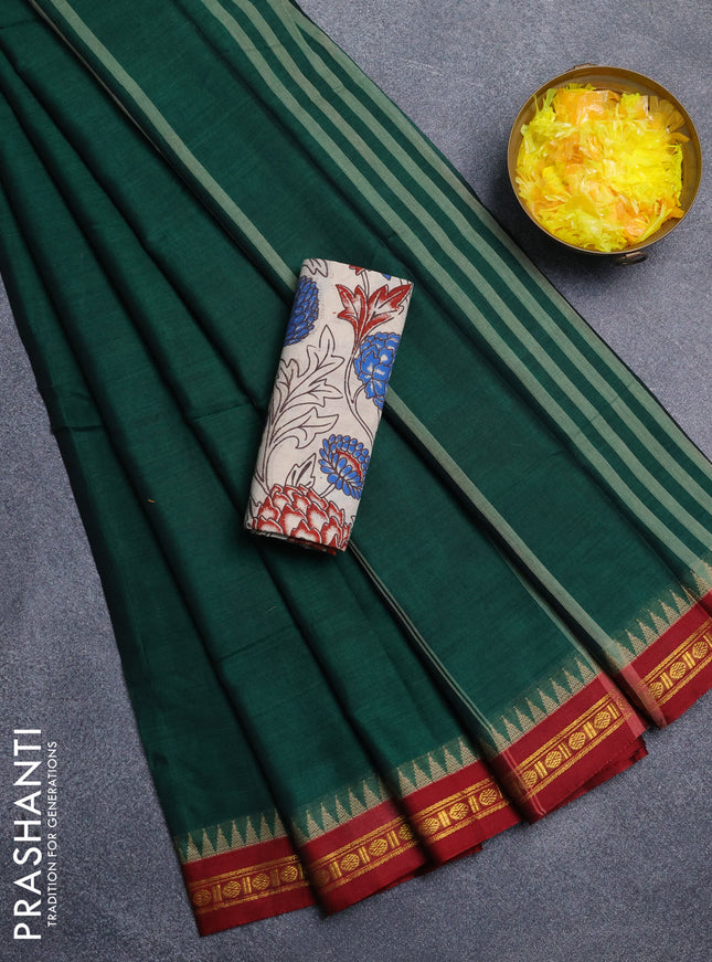 Narayanpet cotton saree bottle green and beige with plain body and thread woven border